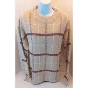 Fortune & Ivy Crew Neck Tan Plaid Sweater L NWOT Boxy Stitch Fix Academia